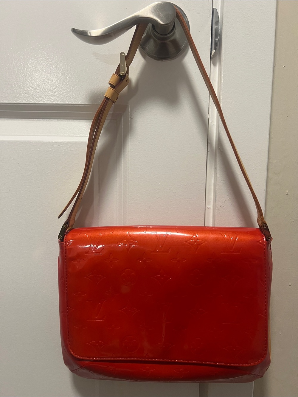 Louis Vuitton Orange Patent Monogram Shoulder Bag with Tan Strap